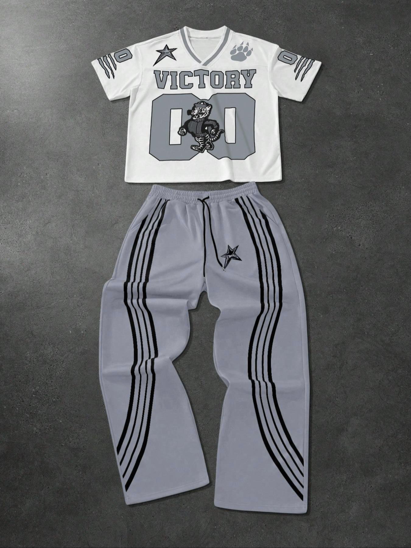 Men's Letter & Star Print Tee & Striped Trim Pants Pyjama Two-piece Set, Men's Sleepwear for Summer