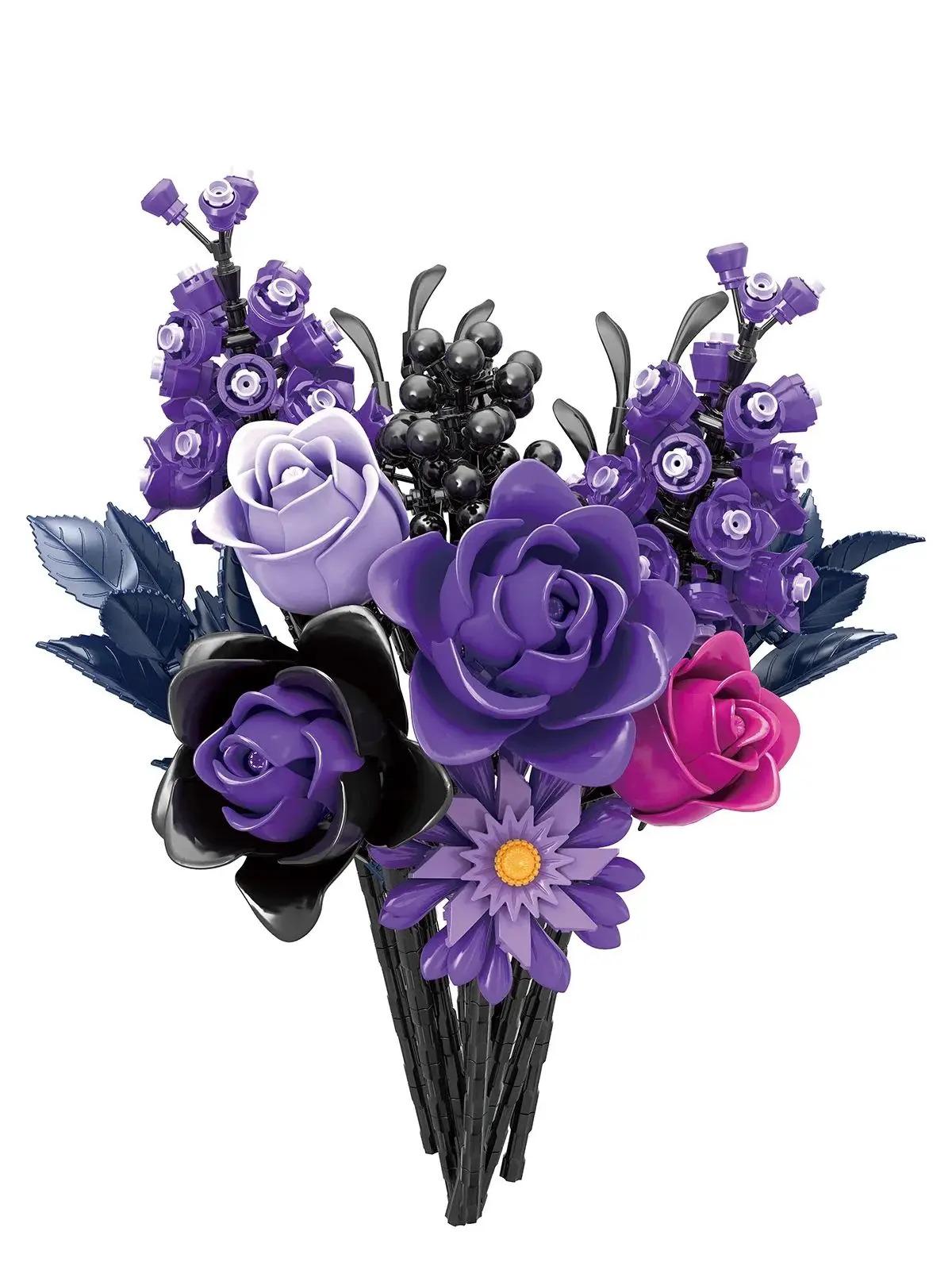 822PCS Purple Rose Gothic Bouquet Building Blocks Flowers Artificial Flowers Botanical Home Decor Valentines Mother's Day Gift