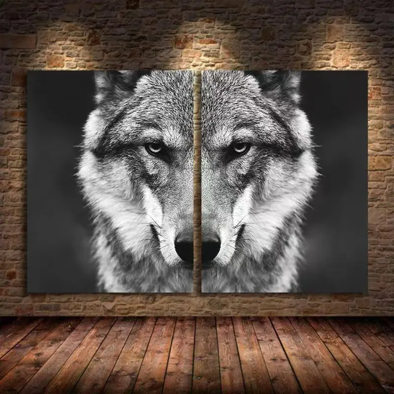 2pcs Wolf Head Wall Art Decoration Painting Wildlife Poster Nordic Style Black and White Canvas Painting Living Room Bedroom Home Frameless Hanging Painting Wall Art Prints