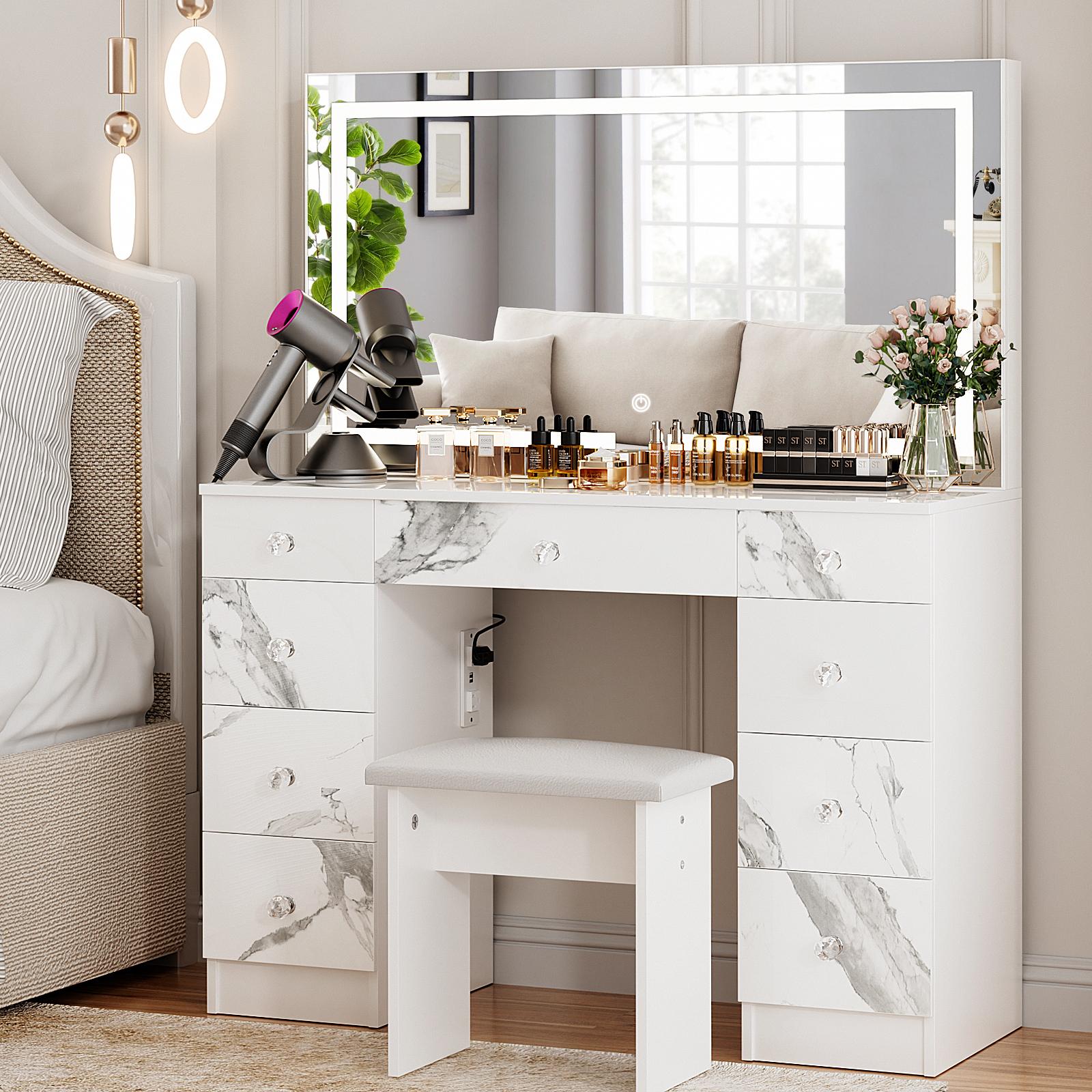 VOWNER 54'' Tall Makeup Vanity Desk with Lighted Mirror ,9 Drawers, Soft Cushioned Stool for Bedroom VOWNER 54'' Tall Makeup Vanity Desk with Lighted Mirror ,9 Drawers, Soft Cushioned Stool for Bedroom