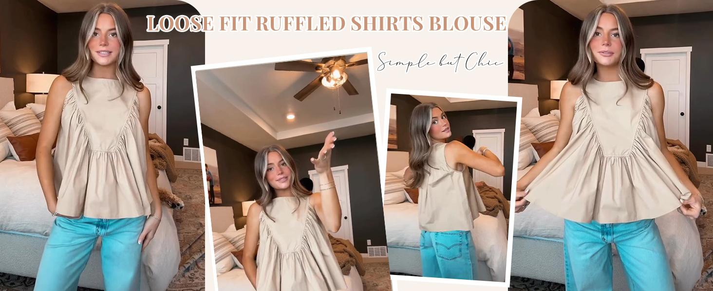 SCUSTY Womens Sleeveless Peplum Top Swing Tank Loose Fit Back Button Casual Blouse Ruffled Shirts