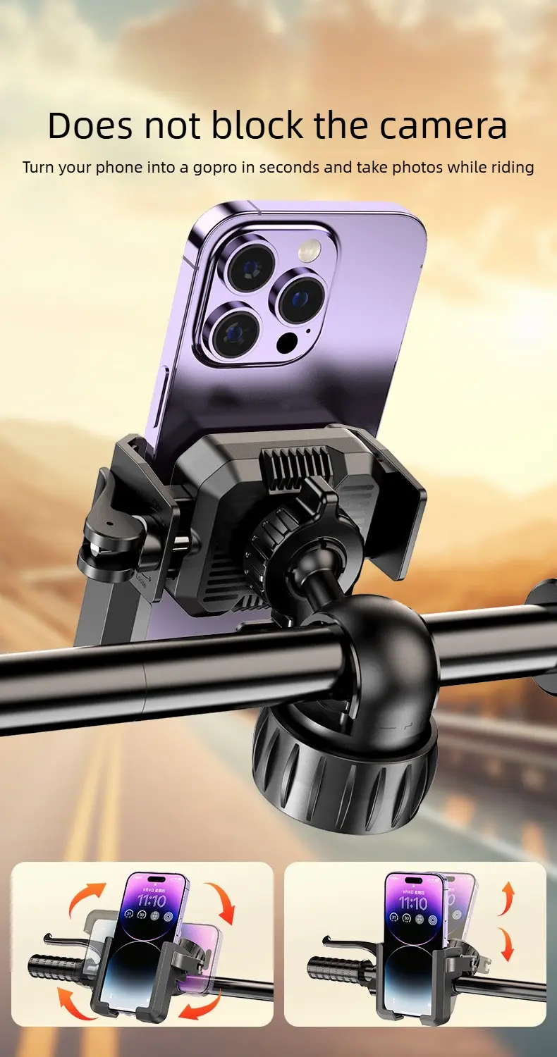 Anti-Shake Bicycle Handlebar Phone Mount Holder with Double Fix Pad, Silicone Pads, 360-Degree Adjustable, Tool-Free Install, Memory Lock, 1-Second Quick Release for Mountain Biking, Navigation Ride