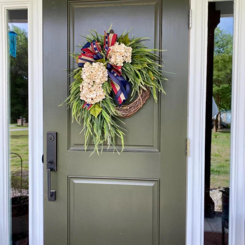 Independence Day Wreath Front Door Decoration, American Flag Bow Hydrangea Patriotic Wreath, Memorial Day Outdoor Porch Home Wall Decor