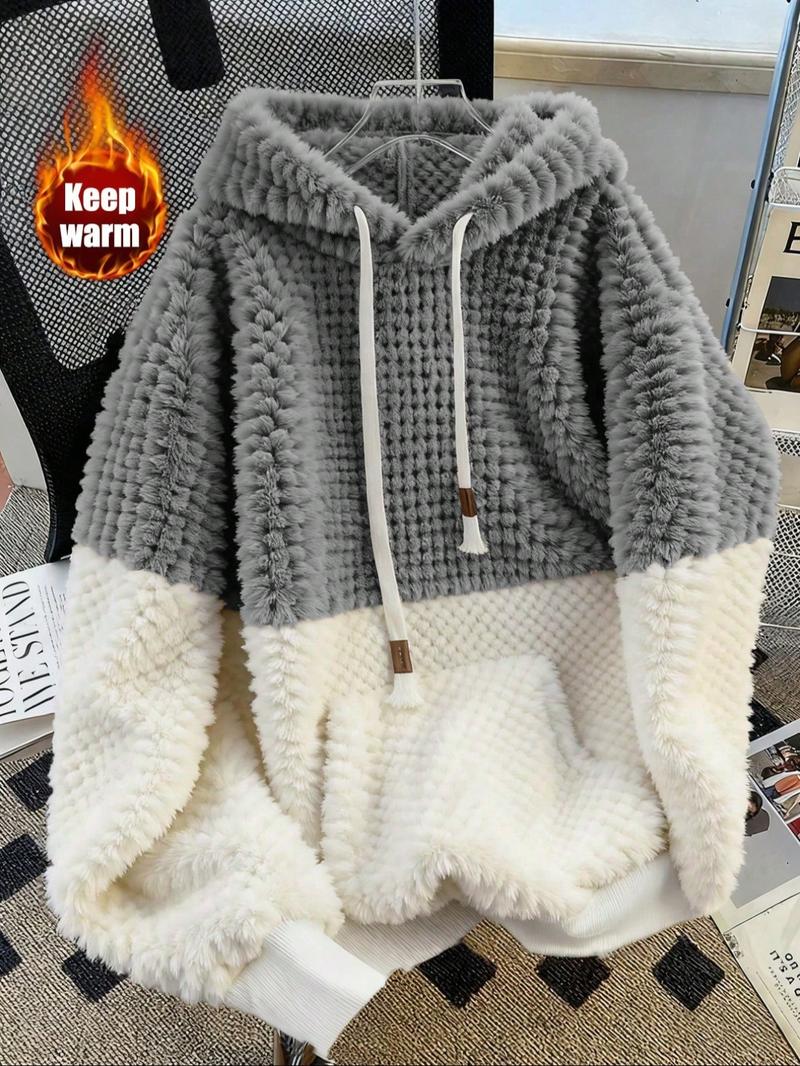 Women's Color Blocking Hooded Hoodie Sweatshirt, Plush Soft, Fall & Winter Warm Casual Wear, Loose-Fitting Daily