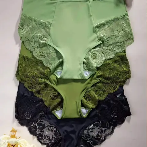 Women's High Waist Contrast Lace Briefs Comfortable Skin-Friendly Triangle Panties, 3/4/5 Pack, All Seasons Casual Wear, High Waist Panty