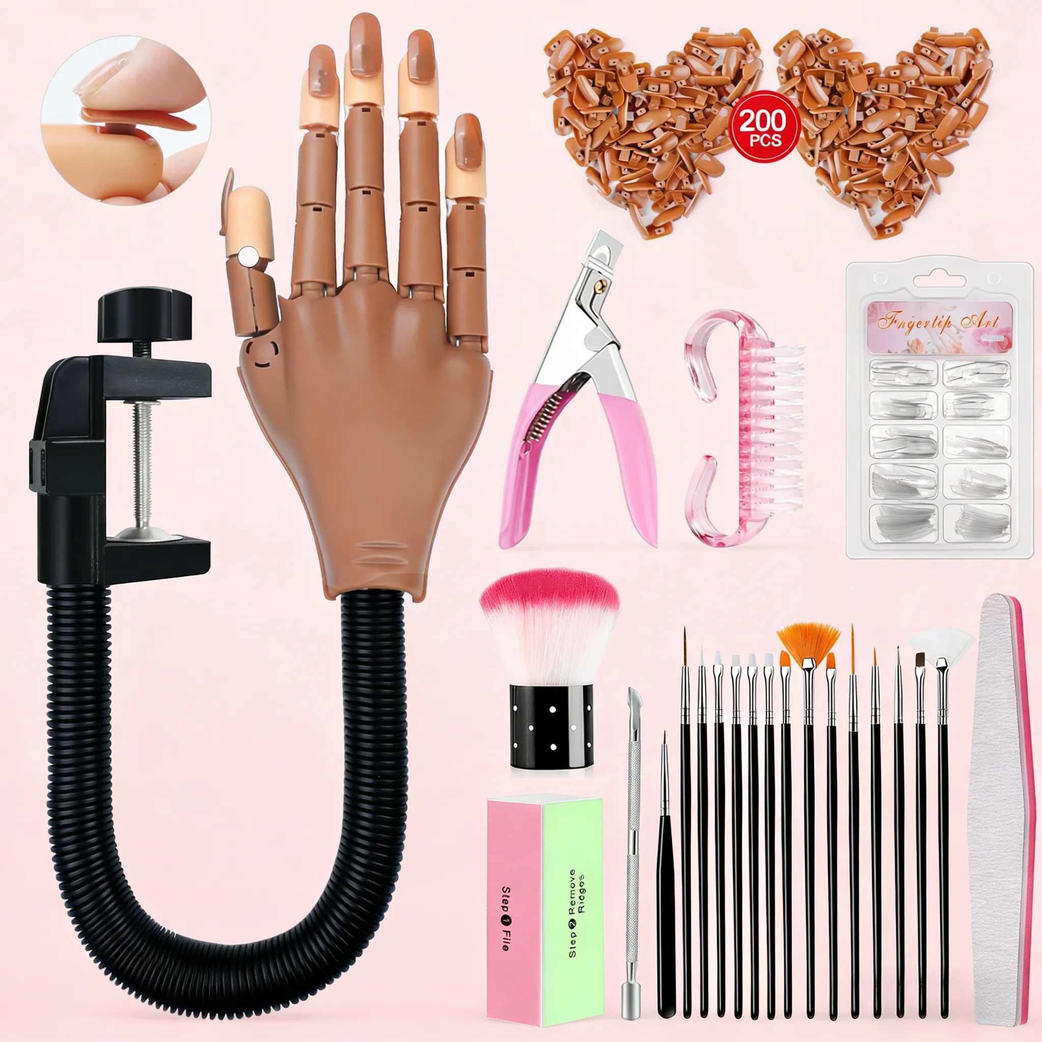 Practice acrylic nails hand, flexible and movable fake hand, nail art training hand nail set, movable nail hand, includes 200 nail tips, nail glue, cleaning brush, and nail clipper, suitable practice tool for beginners, professional tool for nail salons