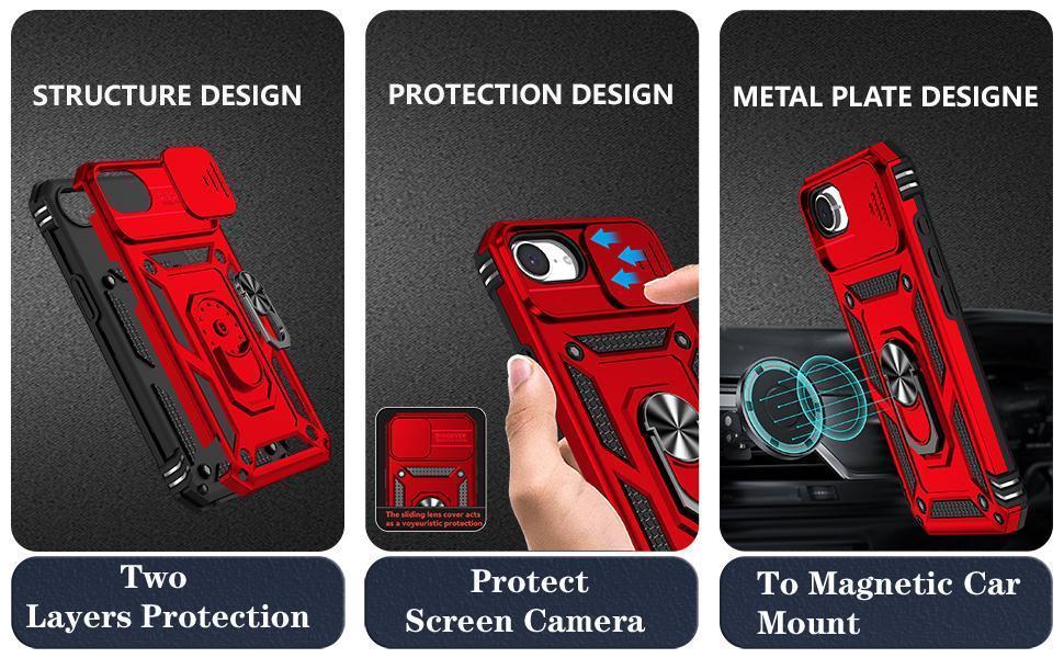 SunStory Compatible with iPhone 16e Case & iPhone 17e Case with HD Screen Protector & Slide Camera Cover & Rotated Ring Kickstand, [Military-Grade] Phone Case for iPhone 16e/17e, Red