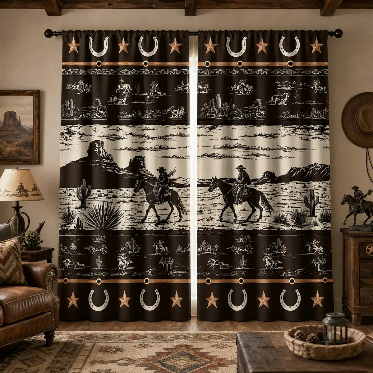 2pcs Western Cowboy Desert Semi-Blackout Curtains – Featuring a vintage American West print with riders, cacti, horseshoes, stars, and desert mountains; rod-pocket style; suitable for living rooms, bedrooms, and more.