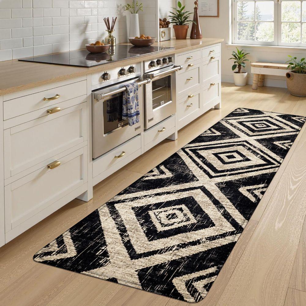 1PC， Black and White Diamond Geometry Patterned strip rugs, home décor, bathroom mats, entryway mats, bathroom non-slip mats, indoor entrance rugs, bedroom bedside mats, kitchen mats, hallway rugs, flannel sponge rugs, hallway runner rugs