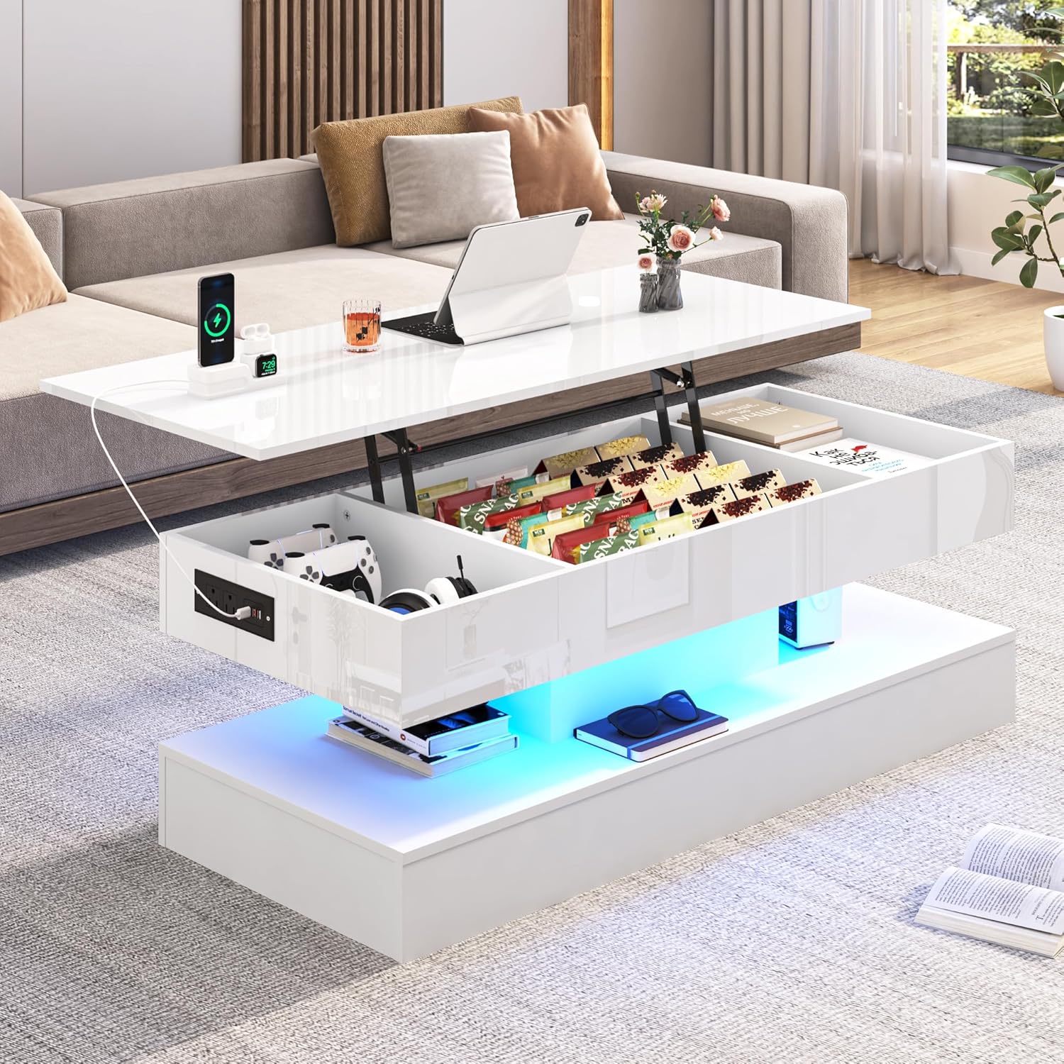 47.2"/39.4" Large Lift Top Coffee Table,Modern High Glossy LED Coffee Tables for Living Room with Storage Drawer,White Living Room Tables for Livingroom,Dining Room,Bedroom Home Office(White/Marbling White)