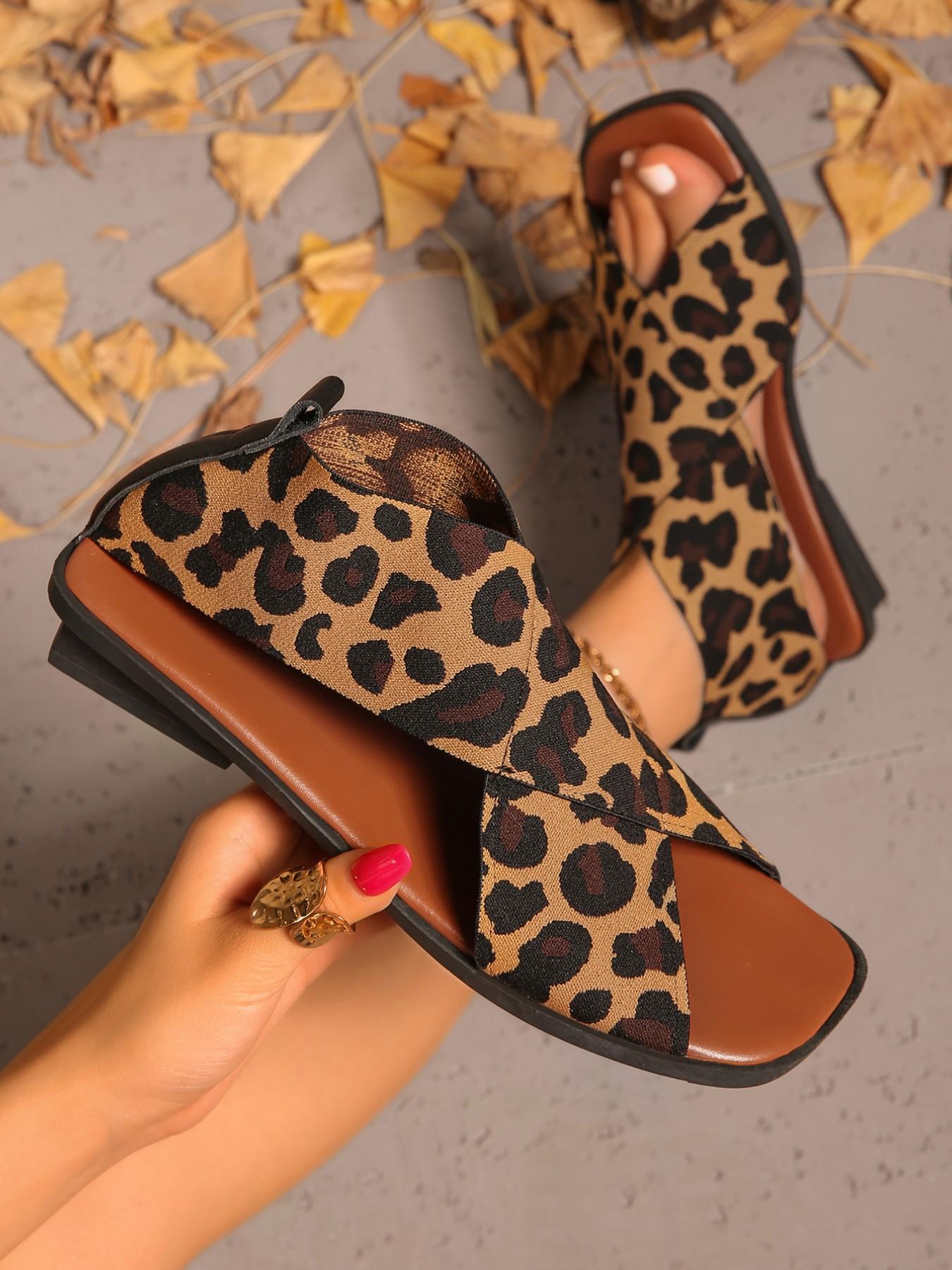 New Leopard Print Cross Strap Wedge Sandals, Square Toe Open-Toe Design, Comfortable Fit, Pull Ring for Easy On/off, All Seasons