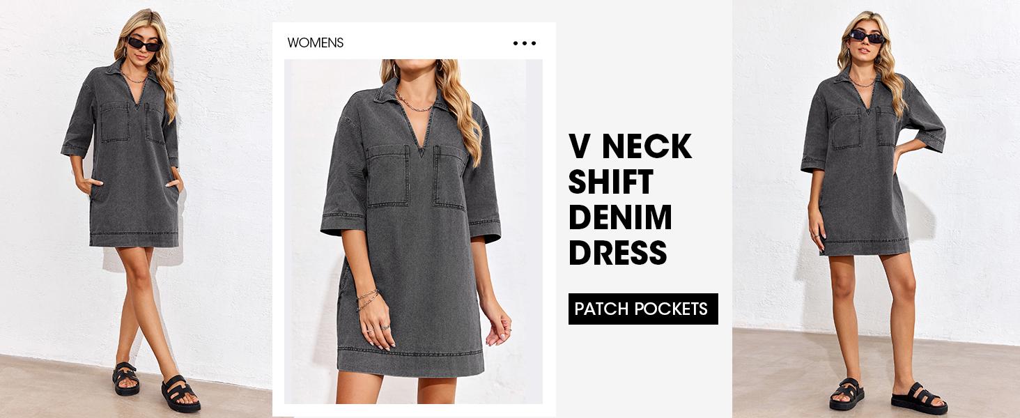FMEYOA Womens Denim Shirt Dress Long Sleeve V Neck Loose Casual Jean Mini Dress with Pockets