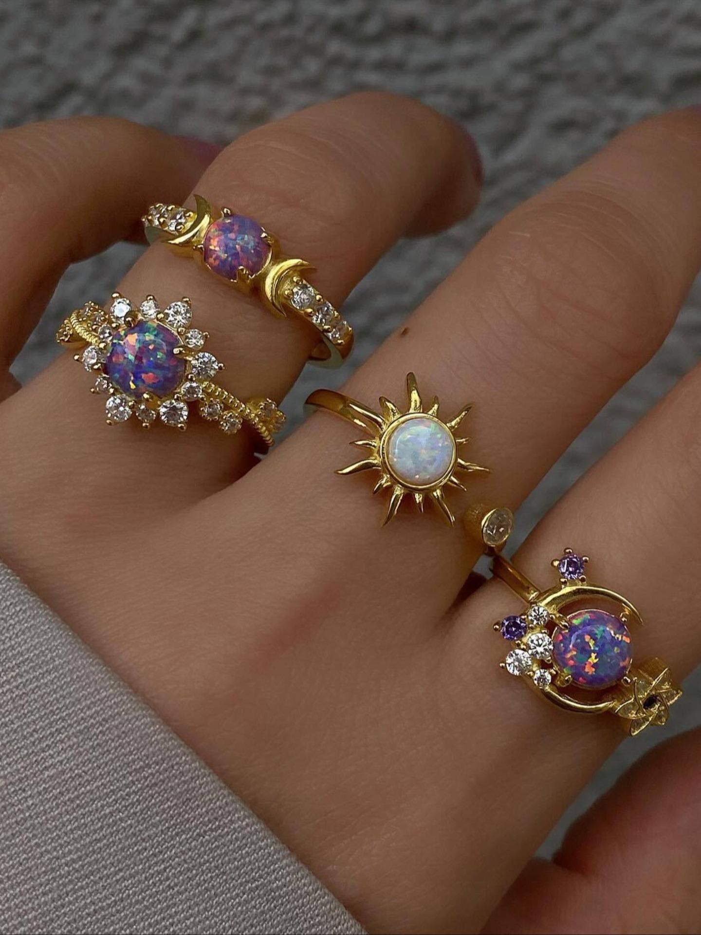 Fashionable Gemstone Ring Set, Sun Moon Diamond Accent Luxury Geometric Rings, High-End Style Jewelry for Women