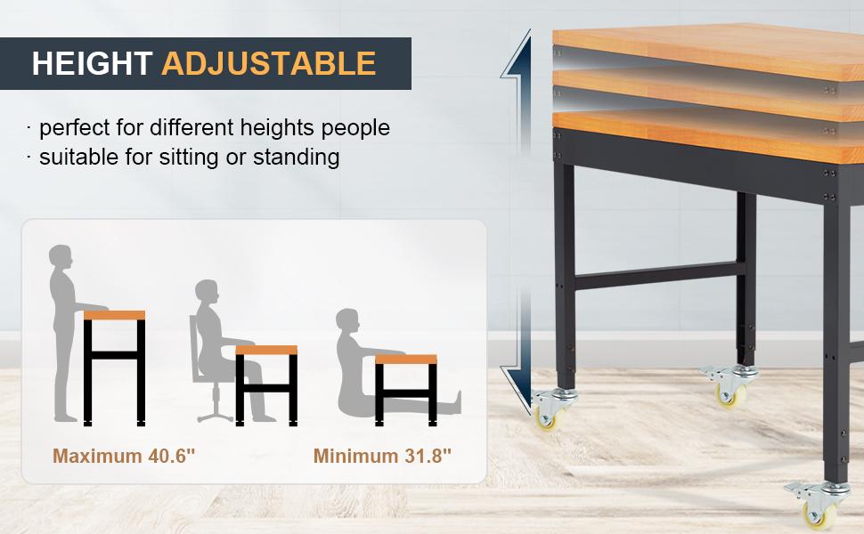 Height Adjustable Workbench with Wheels 60" 2000 Lbs Capacity Solid Wood Work Station Heavy-Duty Rolling Work Tables for Garage Party Shop Office