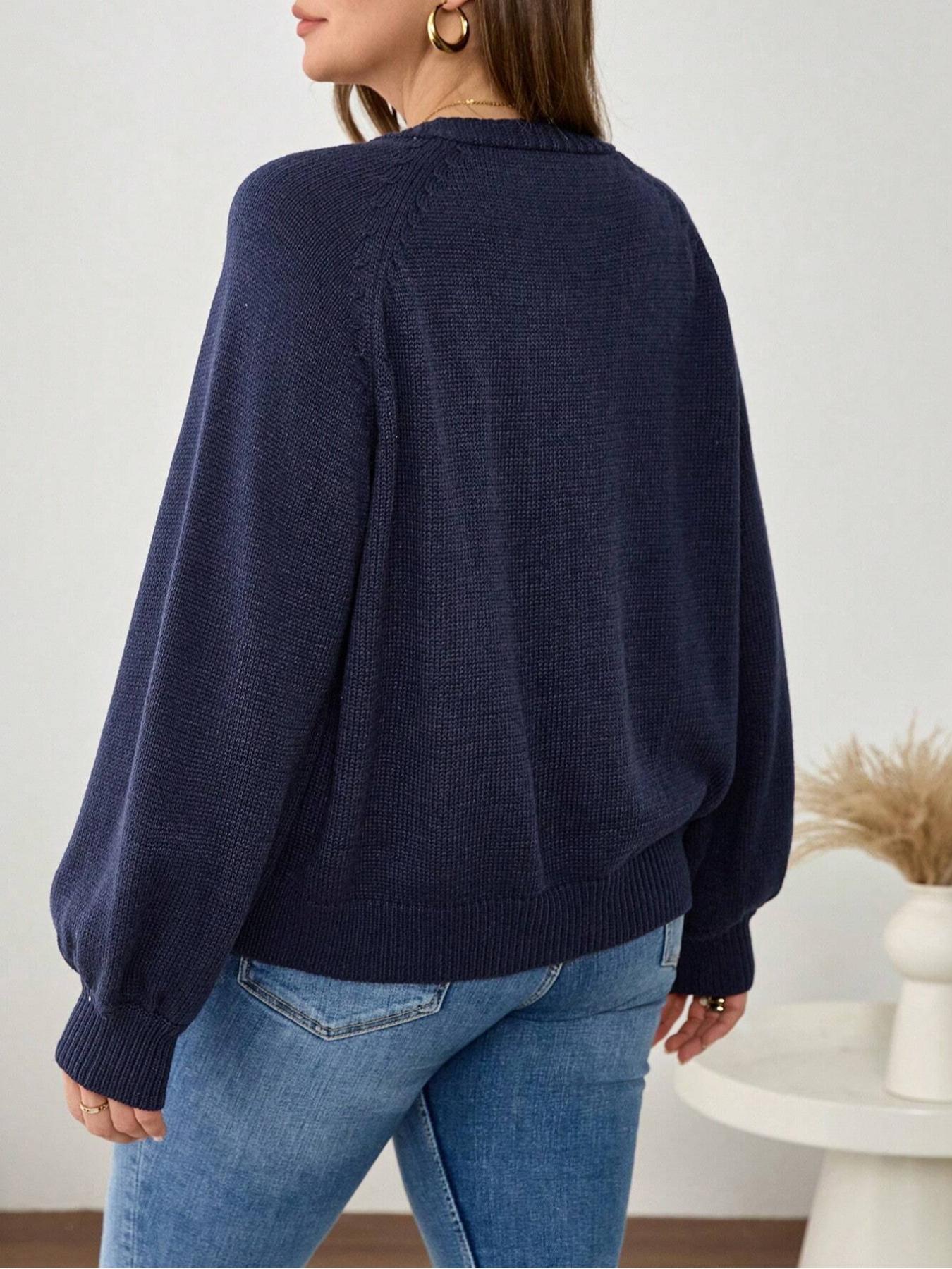 Plus Size Women's Blue V Neck Knit Cardigan Knitwear, Casual Long Sleeve Pullover, Fall & Winter Fashion, Comfortable Plain Design