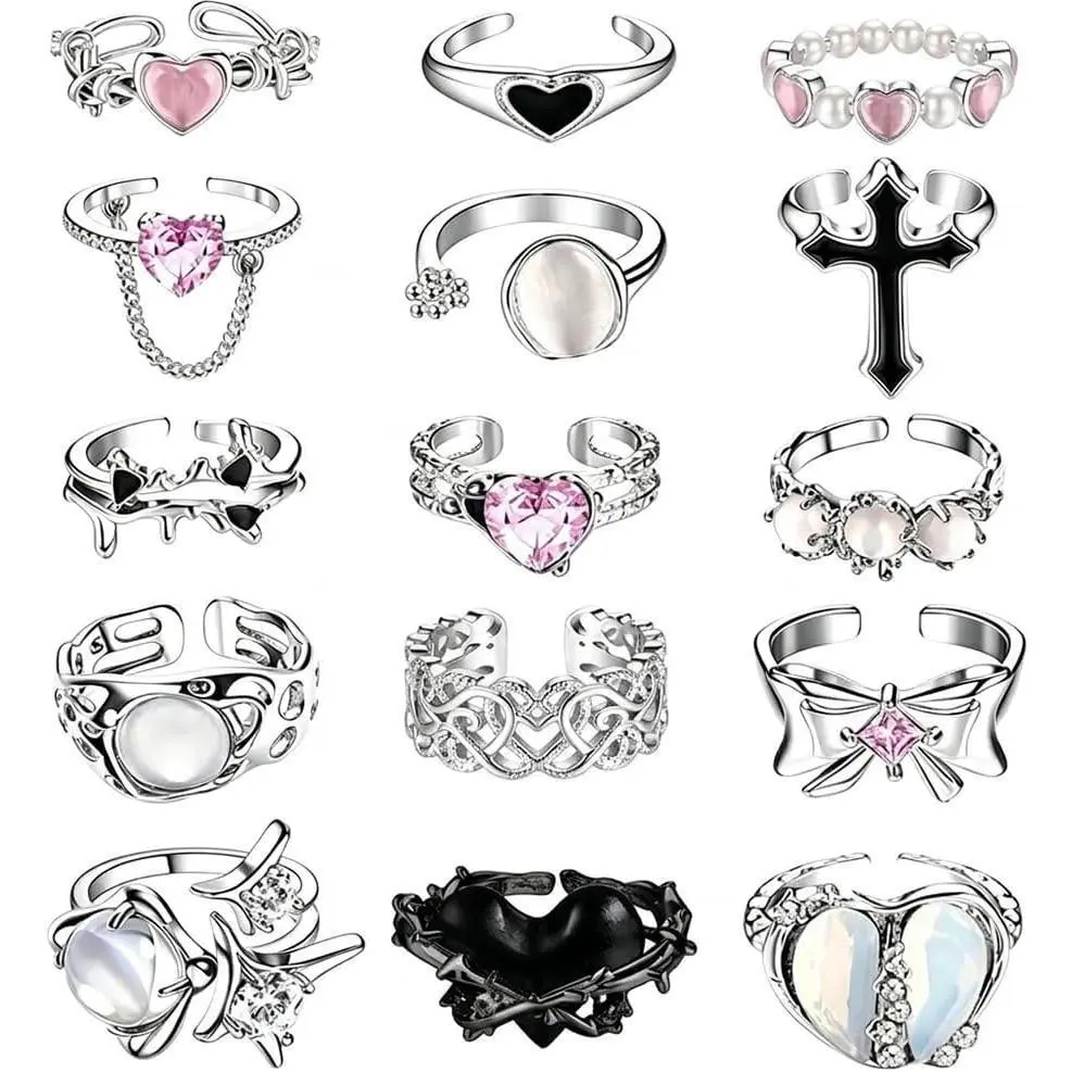 Y2k Adjustable Chunky Statement Ring Set for Women & Men - Pink Knuckle Joint, Vintage Irregular Open Opal, Gothic Cross, Moonstone, Butterfly, Star, Love Heart, Black Costume Jewelry Accessories