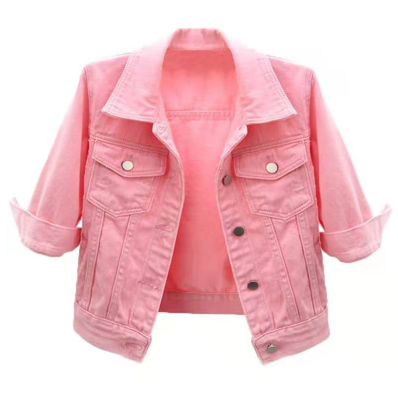 Spring and summer Korean style slim-fitting colorful mid-sleeve denim jacket women's short three-quarter sleeve jacket waistcoat shawl shoulder top
