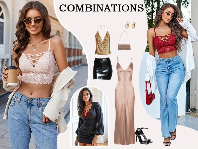 Avidlove Bralettes for Women V Neck Lace Camisole Y2K Tank Top Strappy Cami Unpadded Bra Lingerie Crop Tops Outfits