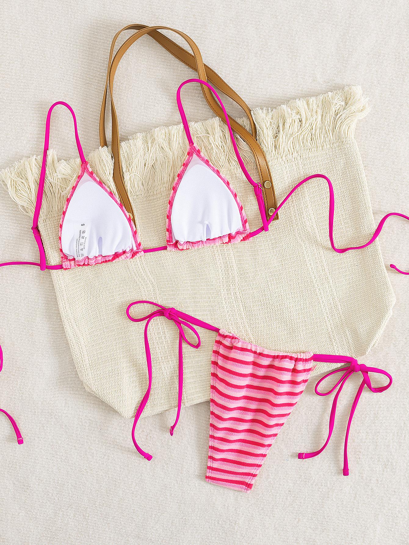 Terry Cloth Striped Triangle Tie Side Bikini Set, Textured String Swimsuit Two Piece Bathing Suit for Women Beachwear