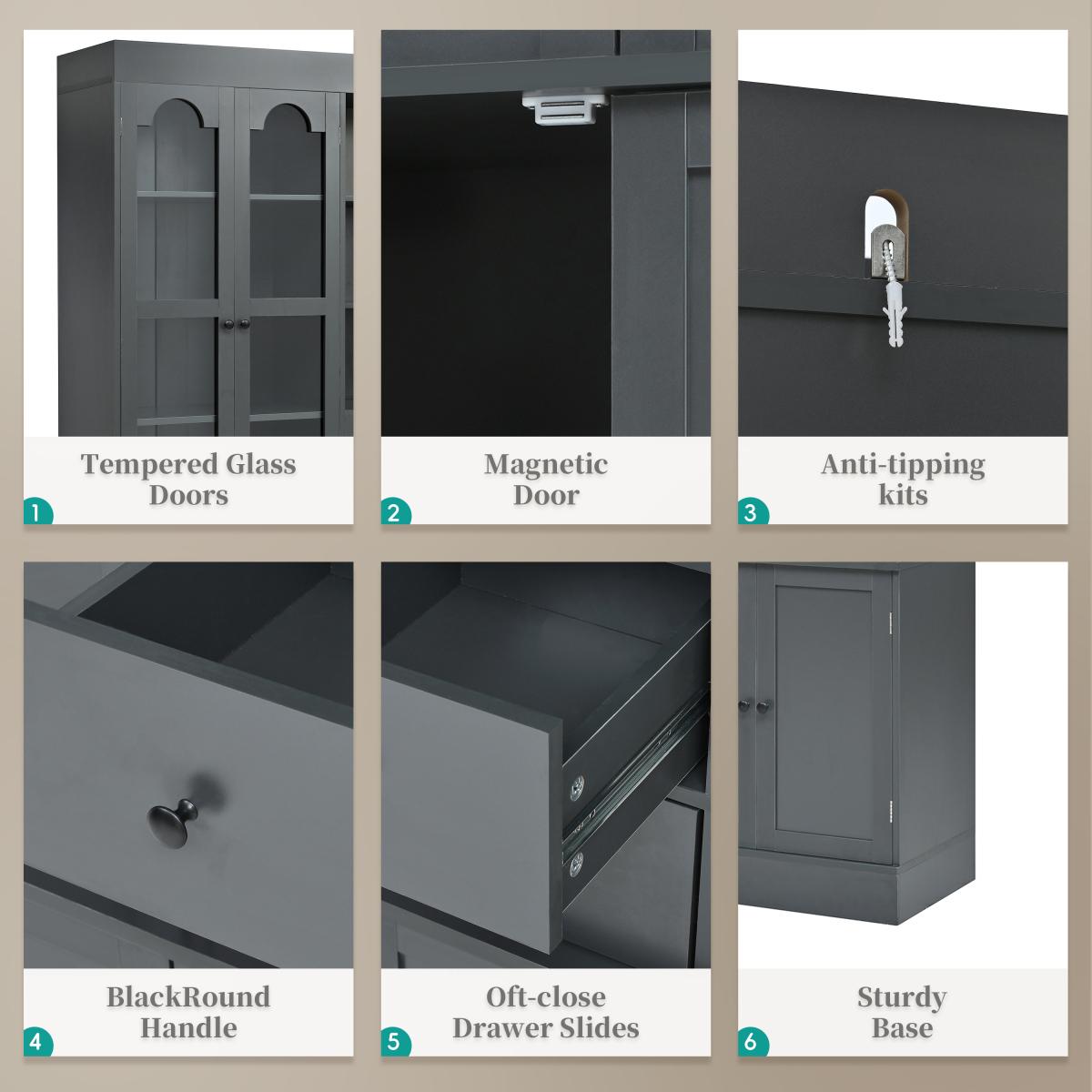 [Assembly Video Provided]  47.2x15.7x75inch Freestanding Buffet with Hutch, Tall Kitchen Pantry Cabinet with 4 Drawers, Door Shelves and Pull-out Trays for Dining room, Living Room, Gray