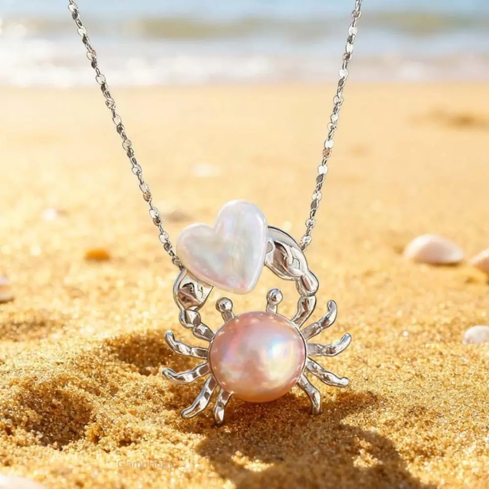 Women's Cute Crab Heart Pearl Pendant Necklace - Hypoallergenic Dainty Compact Costume Jewelry, Fine Polishing, Ocean Pearl Necklaces for Cancer Zodiac Lovers, Beach Use & Birthday Gifting