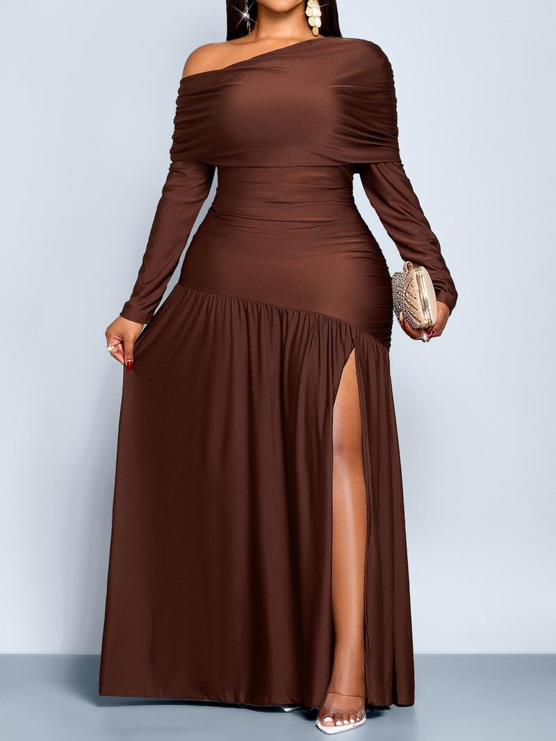 Elegant Chic Party Maxi Dress Christmas Dress For Women Off Shoulder  Long Sleeve Folds Slim Bodycon High Waist Split Hem Folds Floor-Length Dresses Fashion Evening Dinner Party Robe Autumn