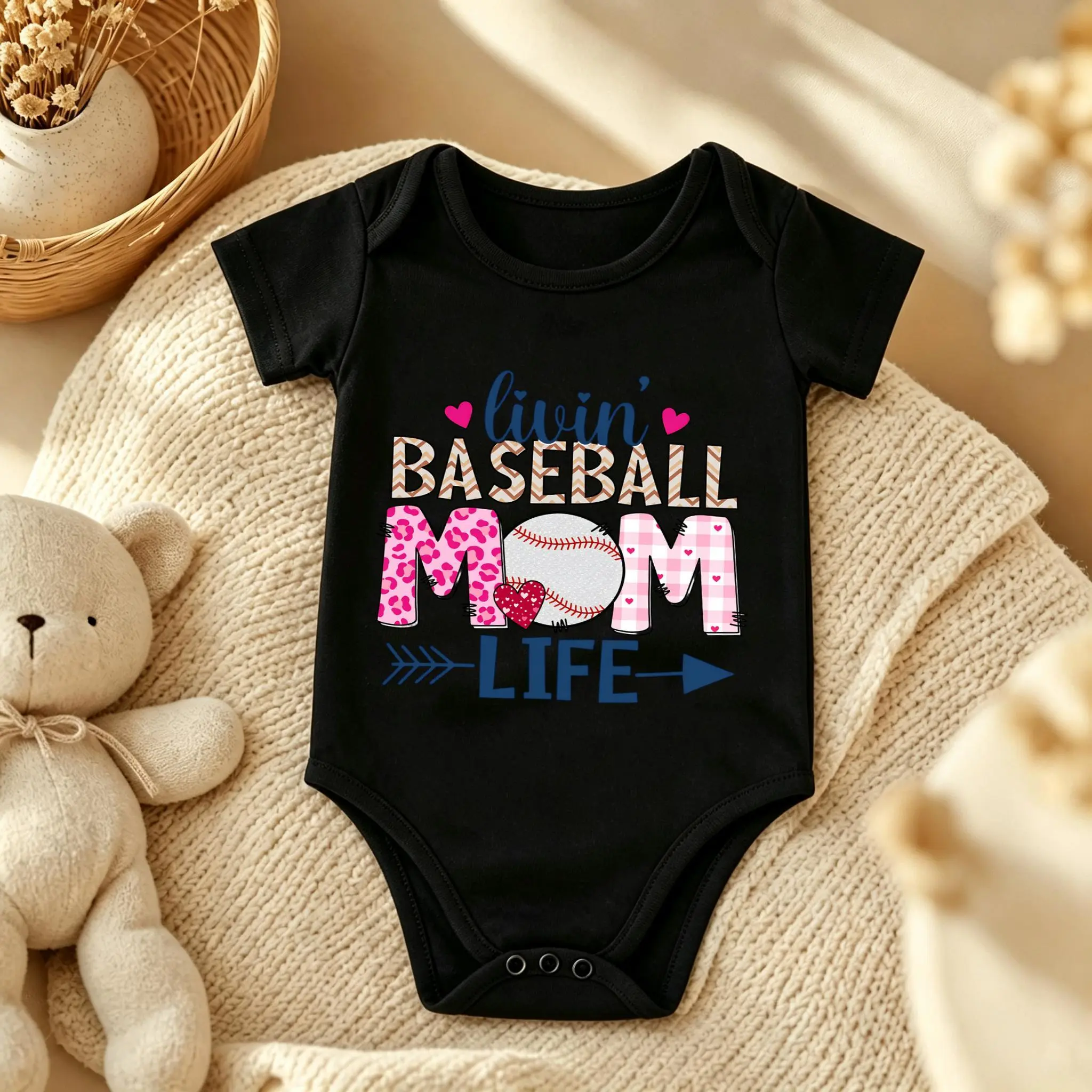 "livin’ BASEBALL MOM LIFE" Graphic Print Baby Onesie, Soft Pure Cotton Short Sleeve, Girls Boys Baby Outfit, All Season Wear