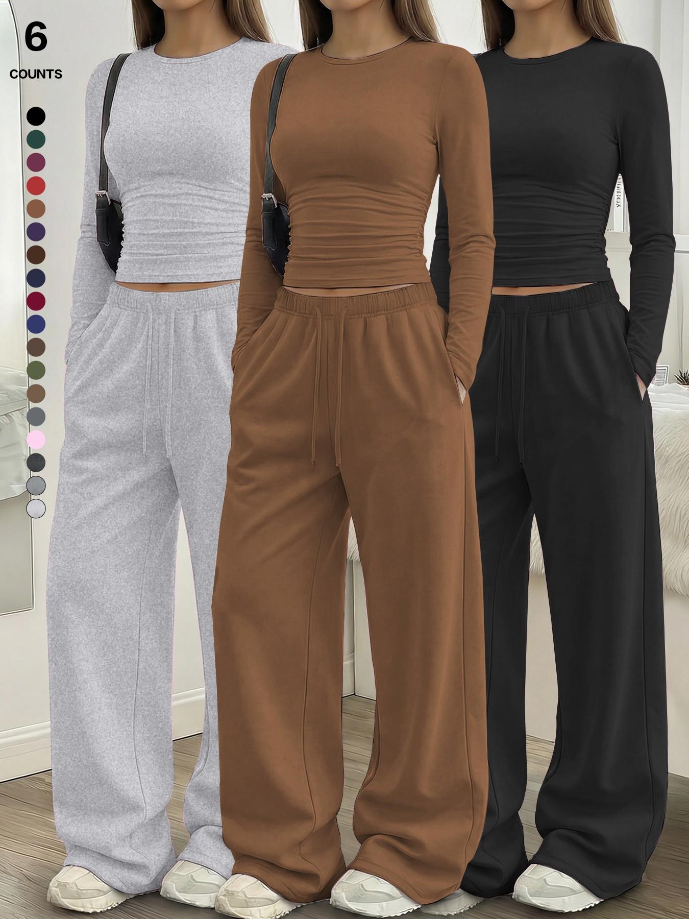 Women's Solid Ruched Drawstring Loungewear Set, Casual Long Sleeve Round Neck Top & Pocket Wide Leg Trousers, Spring Summer Sleepwear Pajama Set