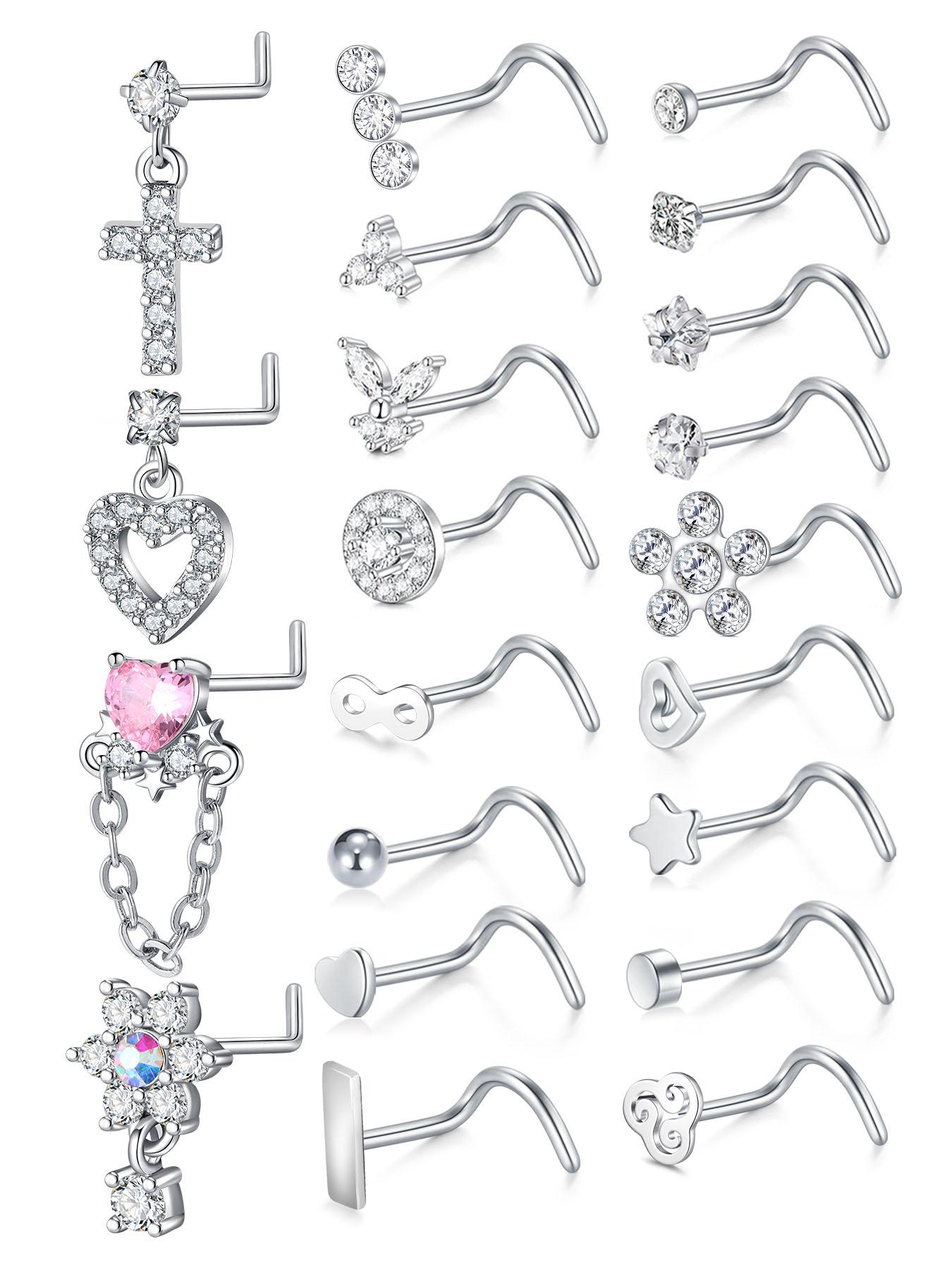 Rhinestone Decorated L-shaped Nose Rings, Spiral Nose Ring, Heart & Cross & Butterfly & Flower Design Nose Studs, Body Piercing Charm Jewelry for Women & Men, Nose Ring Jewelry, Septum Jewelry, Nose Piercings Kit