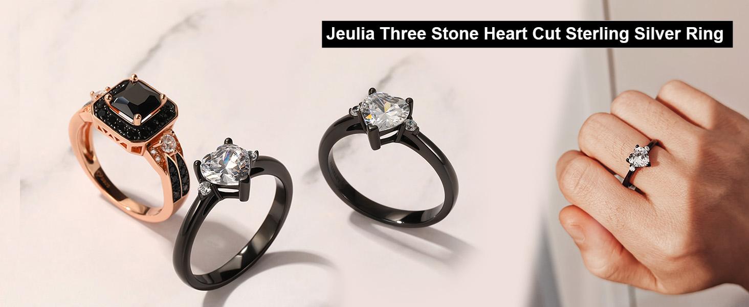 Jeulia Three Stone Heart Cut Sterling Silver Ring