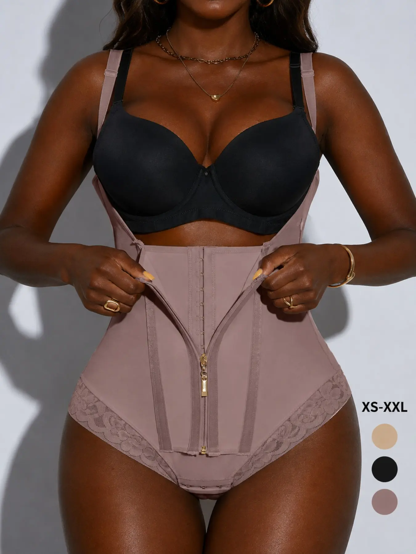 Women's Waist Trainer Bodysuit, Front Zipper and Hook Closure, Lace Trim, Hourglass Shape Slimming Corset, Body Shaper Clothing