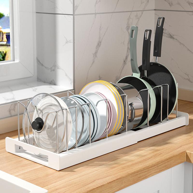 Pot Lid Organizer Rack - 7 Compartment Kitchen Utensils Holder, Single Unit Storage Organization for Cabinet & Countertop, Fits 7+ Pan Lids & Bakeware, Adjustable Kitchen Storage (White, Grey) Pot Lid Organizer Rack - 7 Compartment Kitchen Utensils Holder, Single Unit Storage Organization for Cabinet & Countertop, Fits 7+ Pan Lids & Bakeware, Adjustable Kitchen Storage (White, Grey)