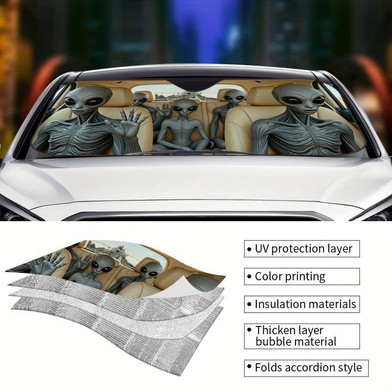 Funny Alien Crew Car Windshield Sunshade with 2 Suction Cups, Universal Fit Front Window Sun Shade, Blocks UV Rays & Keeps Car Cool, Novelty Auto Sun Protector