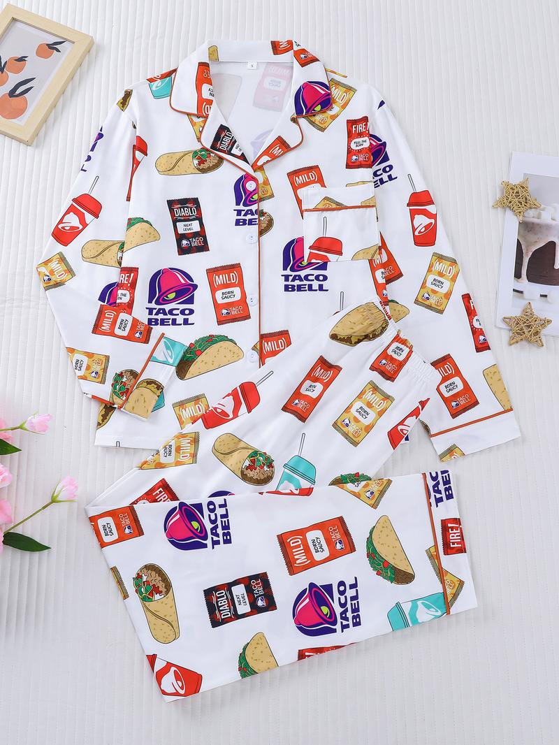 2-piece snack set, potato chips, hot dogs, bell shaped drinks, printed long sleeved shirt, long pants, soft, comfortable, skin friendly, smooth top, small pocket, button closure, elastic waistband, suitable for four households, casual wear, pajamas