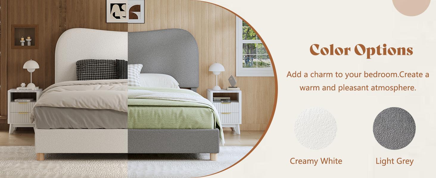 VanAcc Boucle Bed Frames, Upholstered Platform Bed with Curved Shaped Headboard, Soft Rounded Corners, Noise Free, Easy Assembly
