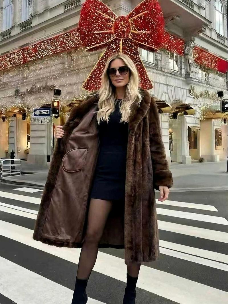 Women's Faux Fur Coat, Autumn Winter Fashionable Long Sleeve Jacket, Elegant Thick Retro Loose Fit Medium-Length Outerwear