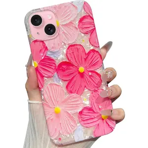 for iPhone 15 Plus Case Flowers Women Girly Aesthetic Sparkle Translucent Cute Floral With Phone Strap Charms Wristlet Oil Painting Shockproof Protective Phone Cases for iPhone 15 Plus Hot Pink