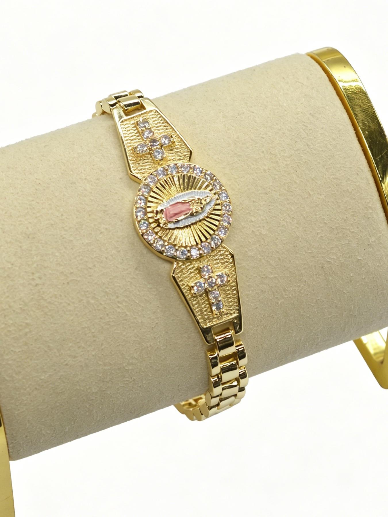 Vintage Religious Rhinestone Mary Cross Bracelet, Unisex, Easter, Thanksgiving, Church Prayer Jewelry