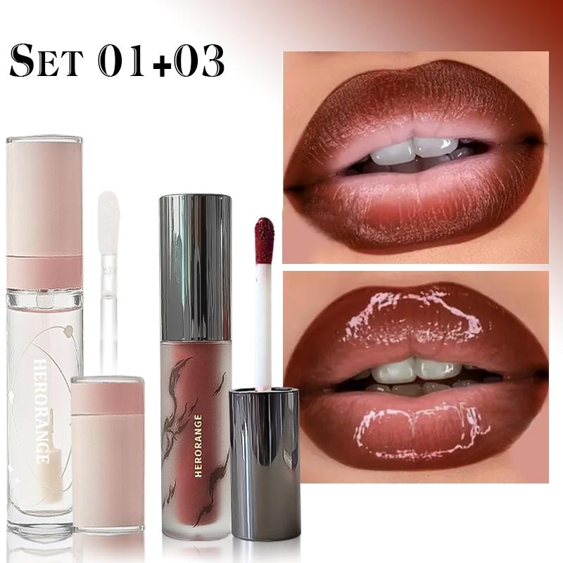 [HERORANGE Lipstick & Lip Gloss Set] Silky Matte Lipstick and Nourishing Lip Gloss Set with Smooth Vibrant Color, Easy to Layer, Moisturizing and Hydrating, Suitable for Stage Performances, Parties and Dates