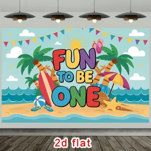 2D Flat, [PARTY BANNERS] 2D Flat Banner, 1pc Fun to Be One Beach Palm Surf Star Flip Flop Polyester Backdrop, for Party Decor Farm, Garden, Home, Room, Club, No Electricity, This Is a Wonderful Gift for Valenti