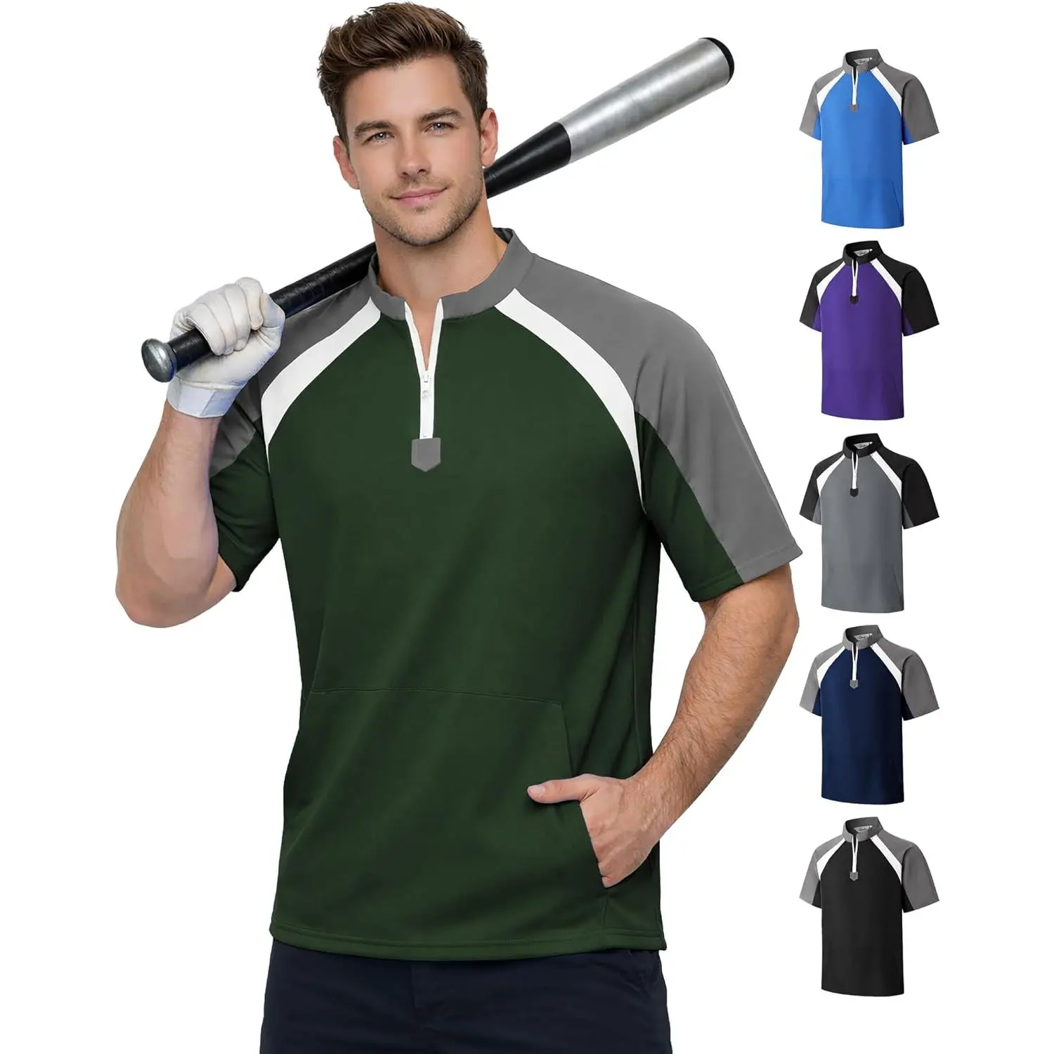 Men’s Short-Sleeve Windproof Water-Resistant Solid Colors Baseball Pullover - Batting Practice Coaches Jacket with Hand Pockets