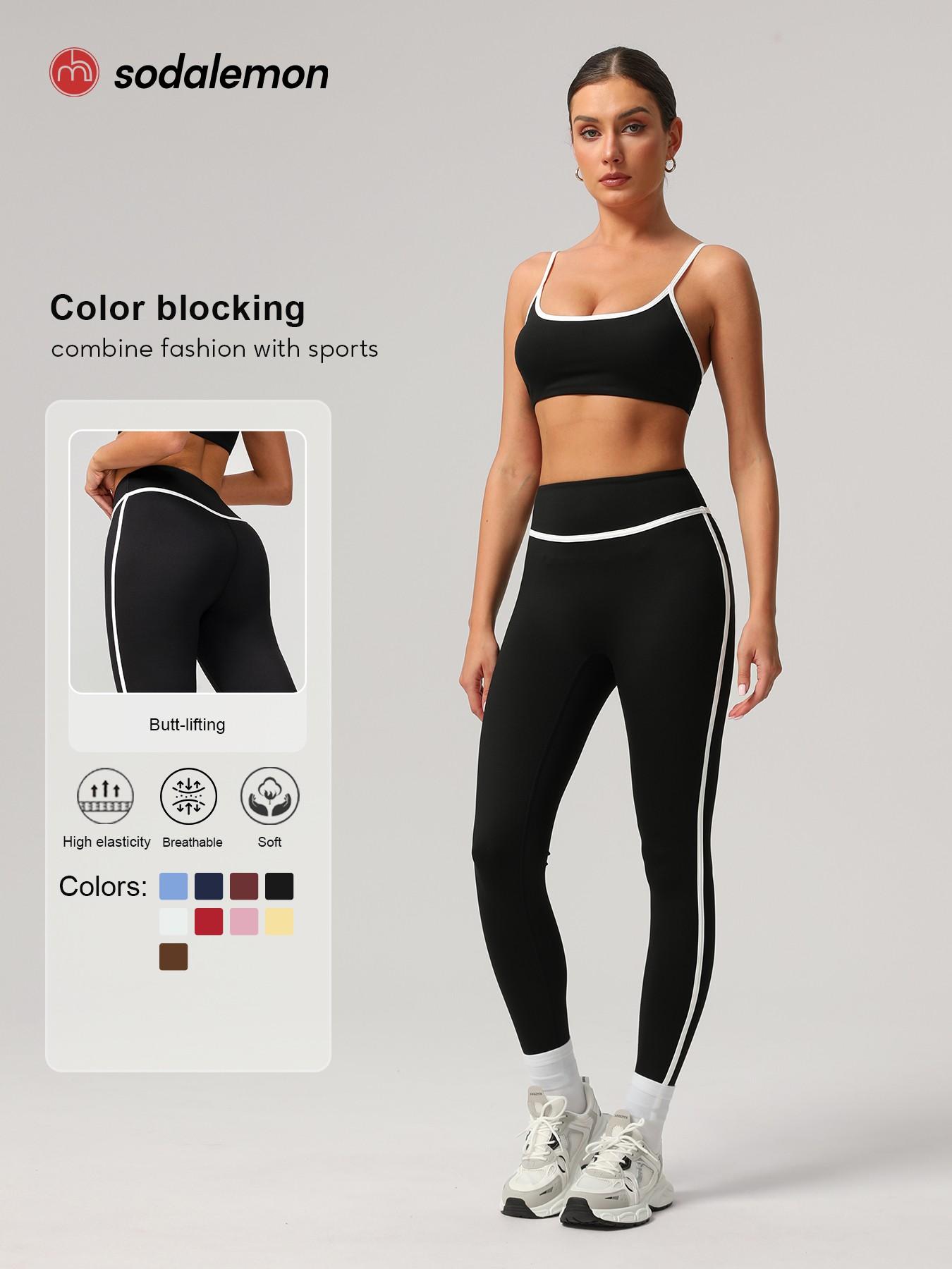 Women's Contrast Binding Crop Cami Top & High-Waist Leggings Set, Casual Sleeveless Top & Skinny Pants Two-Piece Yoga Outfits, Ladies Sportswear Workout Running Clothes for Indoor & Outdoor Wear