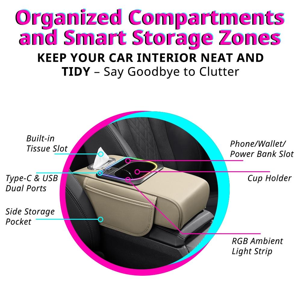 Car Multi-Functional Handrest Storage Cushion, Fast Charging Type C & Type a Dual Ports, Music Sync RGB Ambient Light, Easy Install, Car Armrest Box Accessories,  Car Console Organizer