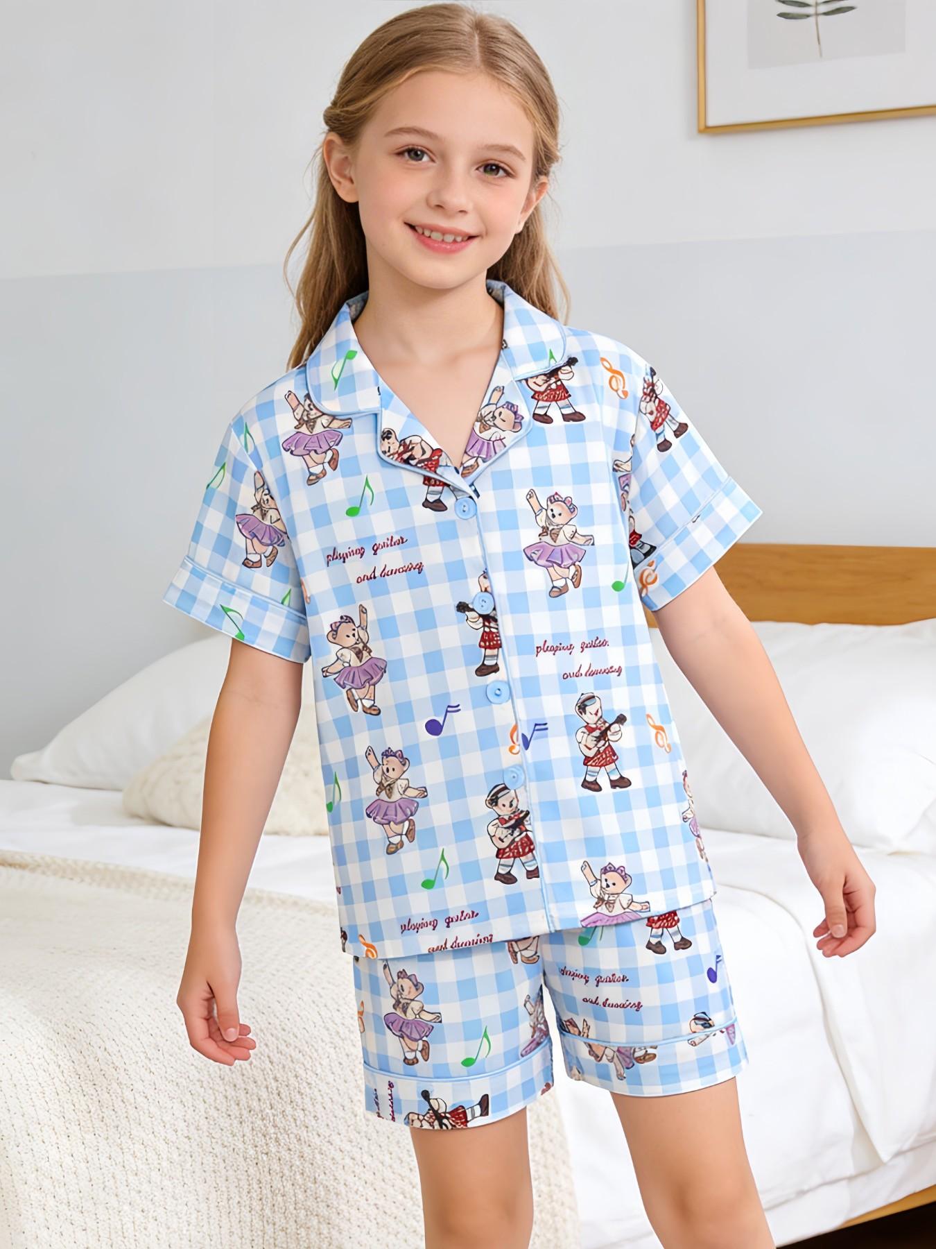 2-Piece Kids' Fire-Resistant Pajama Set, Short Sleeve Button Front Top & Shorts, Cartoon Bear Pattern, All Seasons, Boys & Girls