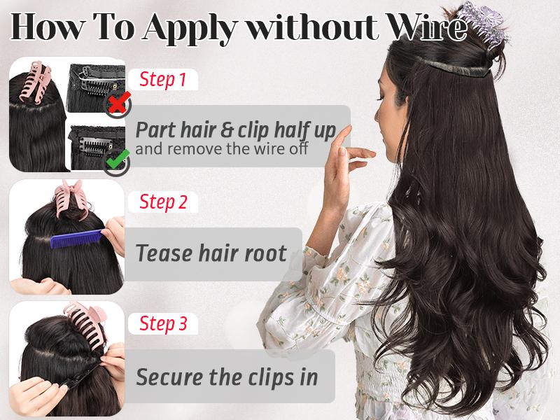 [ kookastyle ] 20inch Invisible Wire Synthetic Hair Extensions 20‘’ Long Wavy Layered Synthetic Clip in Hair Extensions with Transparent Wire Adjustable Size 6 Secure Clips Dark Brown Thick Hairpieces for Women 20 Inch