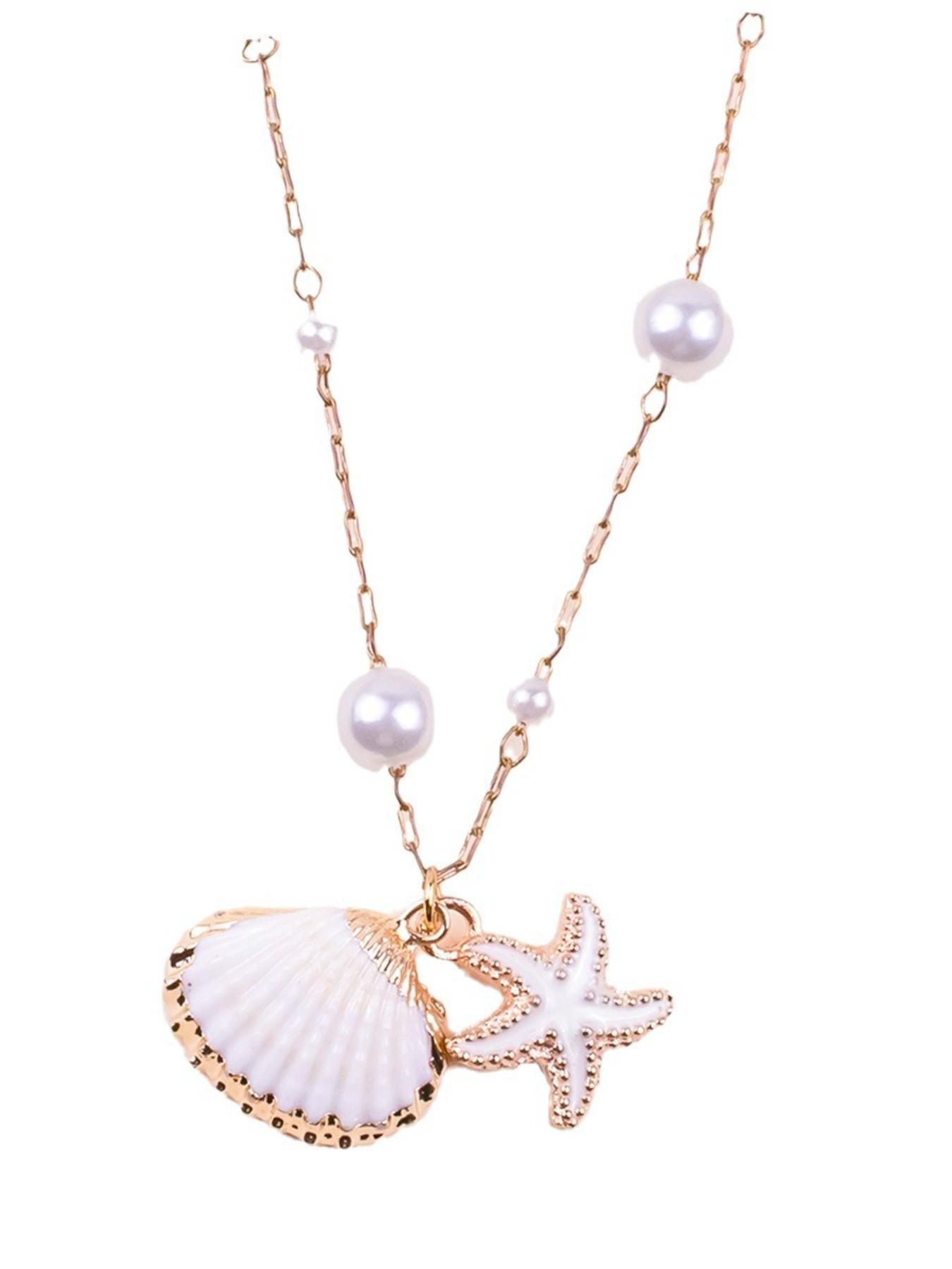 Elegant Beach Style Faux Pearl Beaded Chain Necklace with Natural Shell Lucky Starfish Pendant for Women, Fashion Jewelry Accessory