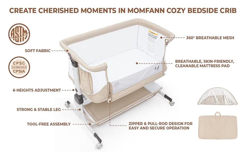 Momfann Baby Bassinet Bedside Sleeper, Upgraded Stability Bedside Crib with Full Mesh Sides, Soft Sheet, 6-Height Adjustment, Storage Basket, Easy Folding Portable Bassinet for Newborns, Oatmeal