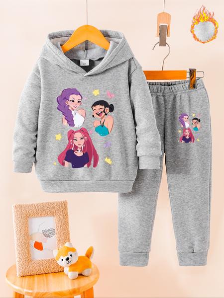 Girls' Fall Winter Fleece Set, Kpop Demon Hunters Cartoon Print Hoodie & Sweatpants, Cute Warm Casual Kids Clothing, Clothes Kids
