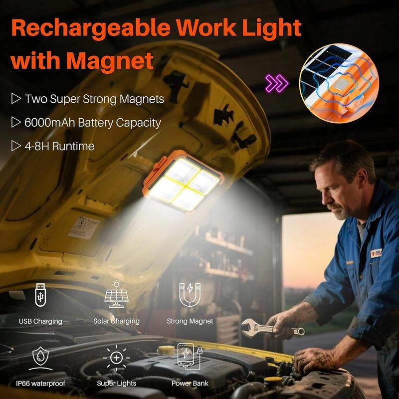 Portable LED Solar Light USB Solar-Powered LED Lamp with 4 Brightness Levels IP66 Waterproof for Camping Outdoor Work Car Repairs Power Outages Hiking Fishing Nighttime Activities High Lumen Flashlight Usb Rechargeable Headlamp