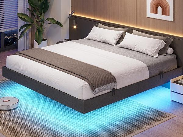 Sikaic Floating Bed Frame Linen Upholstered Platform With LED Lights Underbed Storage Space Dark Grey Angersbed Modern Headboard Unique Bedroom Furniture